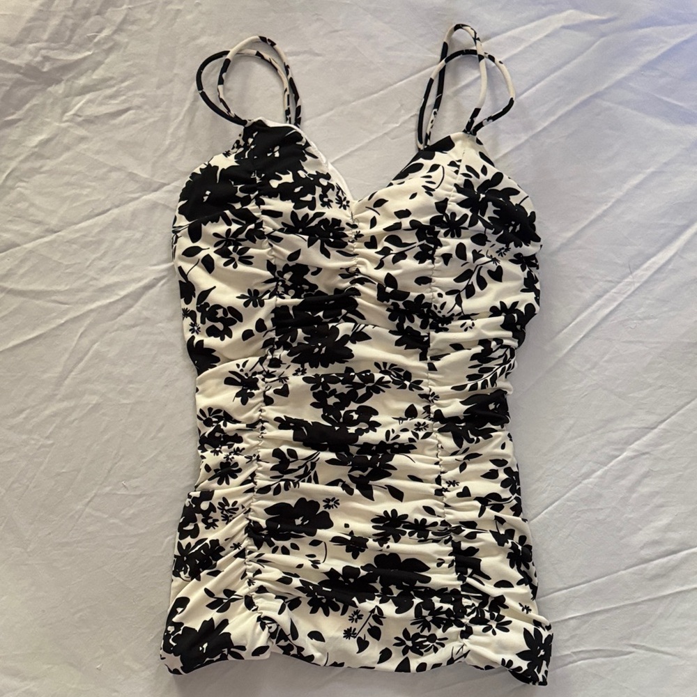 Lands' End Black and Cream Floral Swim Top